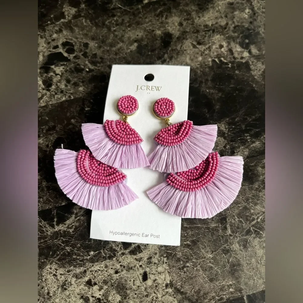 J Crew Women's Beaded Fan‎ Statement Earrings Chunky Drop Lavender Pink NEW $49